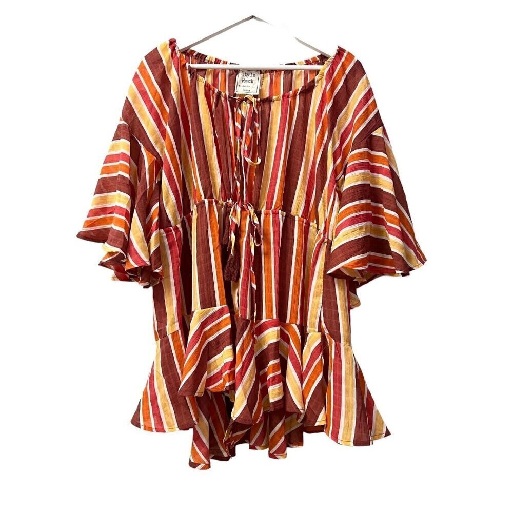 Style Rack Romper Size M Colorful Striped Cover Up Flutter Bell 3/4 Tassel NWT‎
